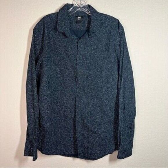 H&M Womens Navy Polka Printed Button Up Shirt Slim Fit Long‎ Sleeve Size Large - Picture 1 of 6